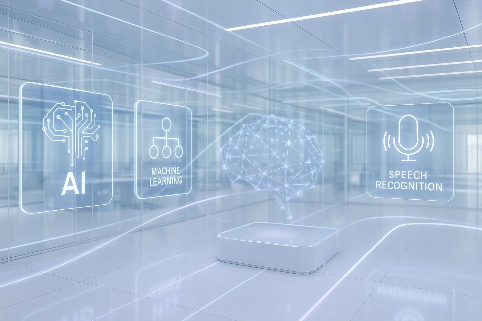 Футуристическая визуализация AI с нейросетями, машинным обучением и распознаванием речи