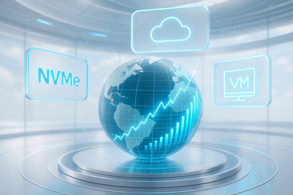 Цифровой глобус с графиком роста и иконками NVMe, облака и виртуализации, символизирующими тренды рынка СХД.