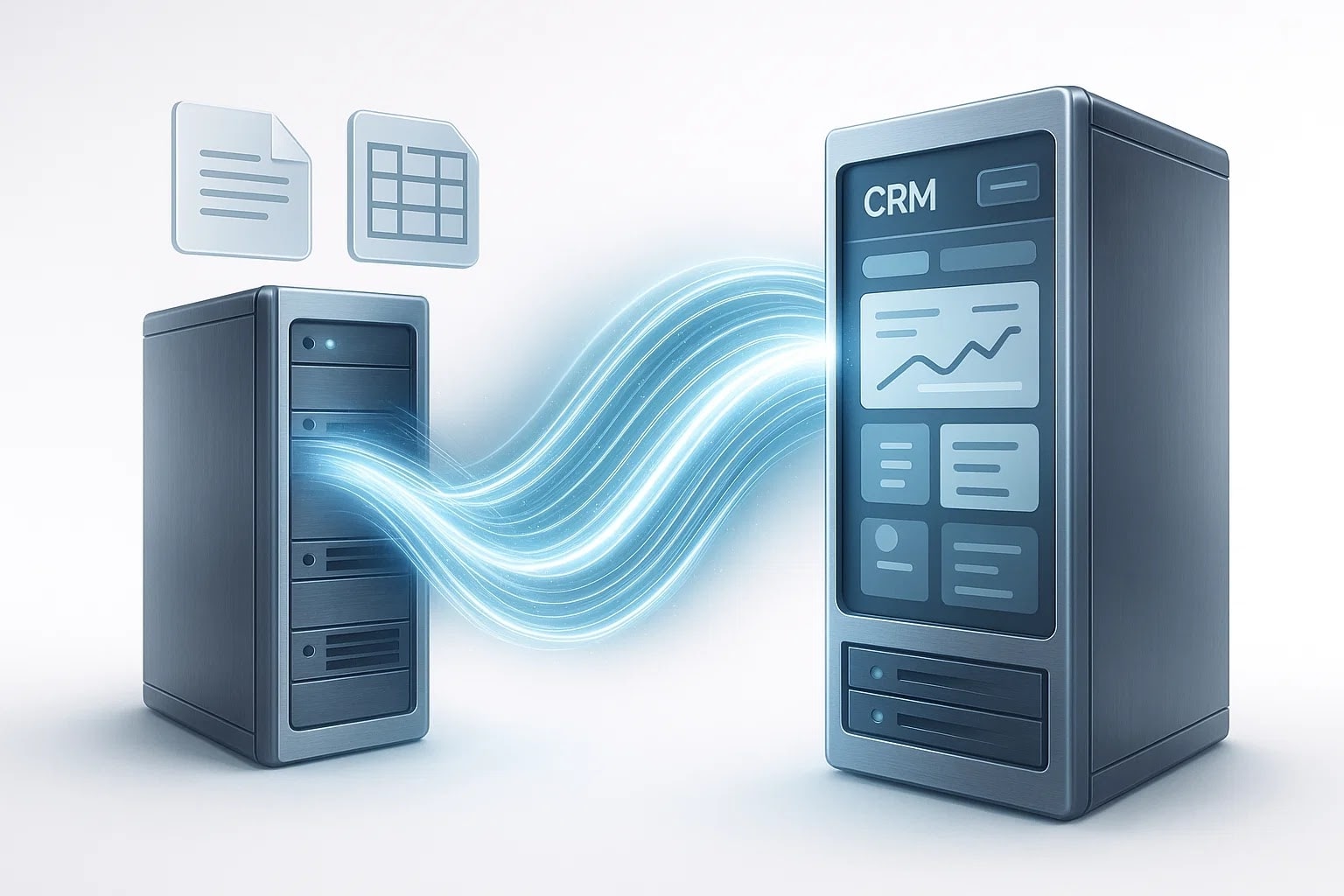 Миграция данных из старой системы в CRM с визуализацией потоков информации.