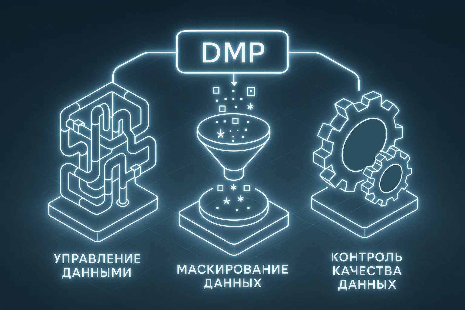 Иллюстрация, объясняющая работу DMP через модули: управление, маскирование и контроль качества данных.